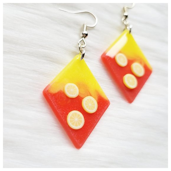 Strawberry Lemonade Earrings Yellow and Pinkish Red Lemon Dangle Earrings - Picture 4 of 10
